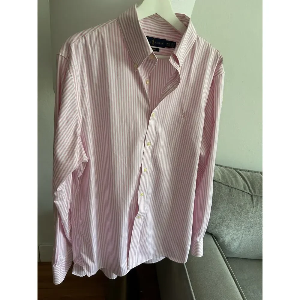 Polo Ralph  Mens Pink White Striped Non-Iron Button Down Shirt 16 1/2 34 35